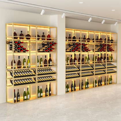 HMR - Contemporary Standing Honeycomb Wine Rack with Glass Rack in Gold, Style A