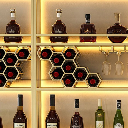 HMR - Contemporary Standing Honeycomb Wine Rack with Glass Rack in Gold, Style A