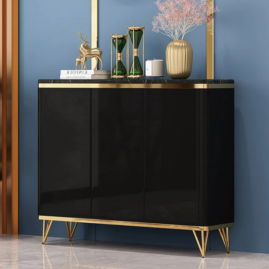 HMR - Modern Shoe Storage Cabinet with 3 Doors and 8 Shelves (for 20 Pairs) in Gold