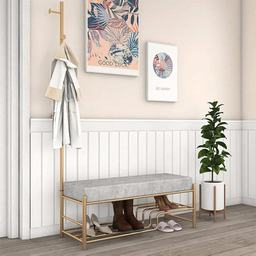 HMR - Velvet Shoe Storage Bench with Coat Tree 39" in Gray