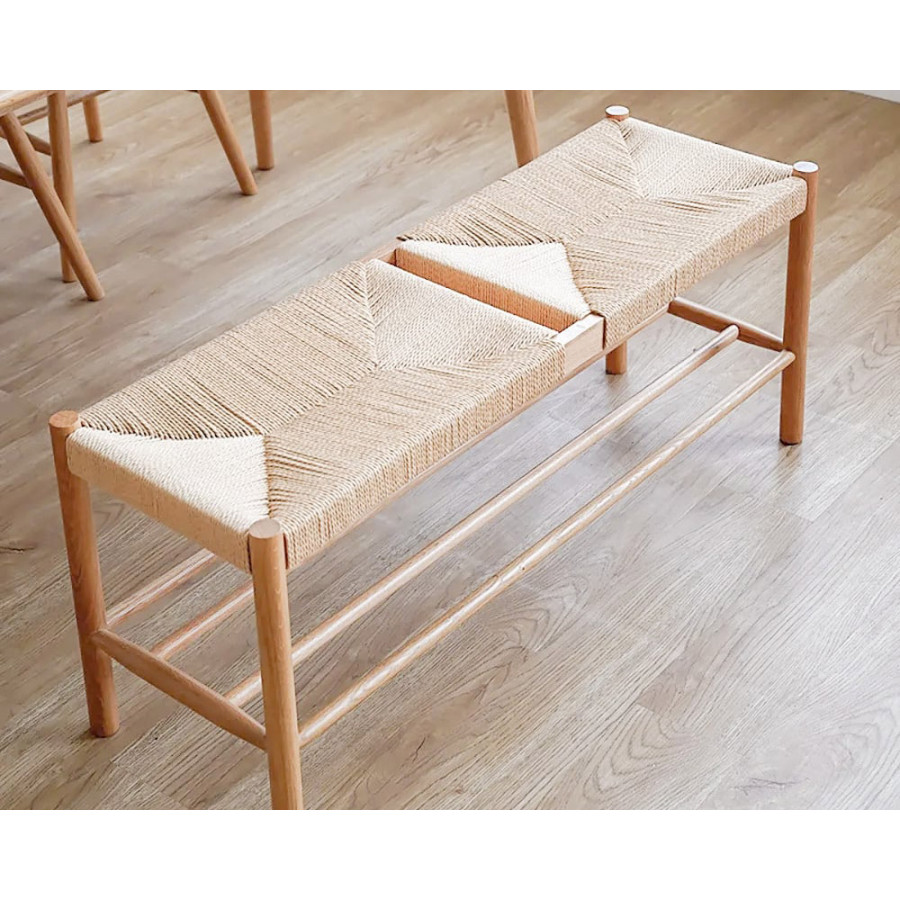 HMR - Modern Rattan Dining Room Bench with Wood Legs in Natural
