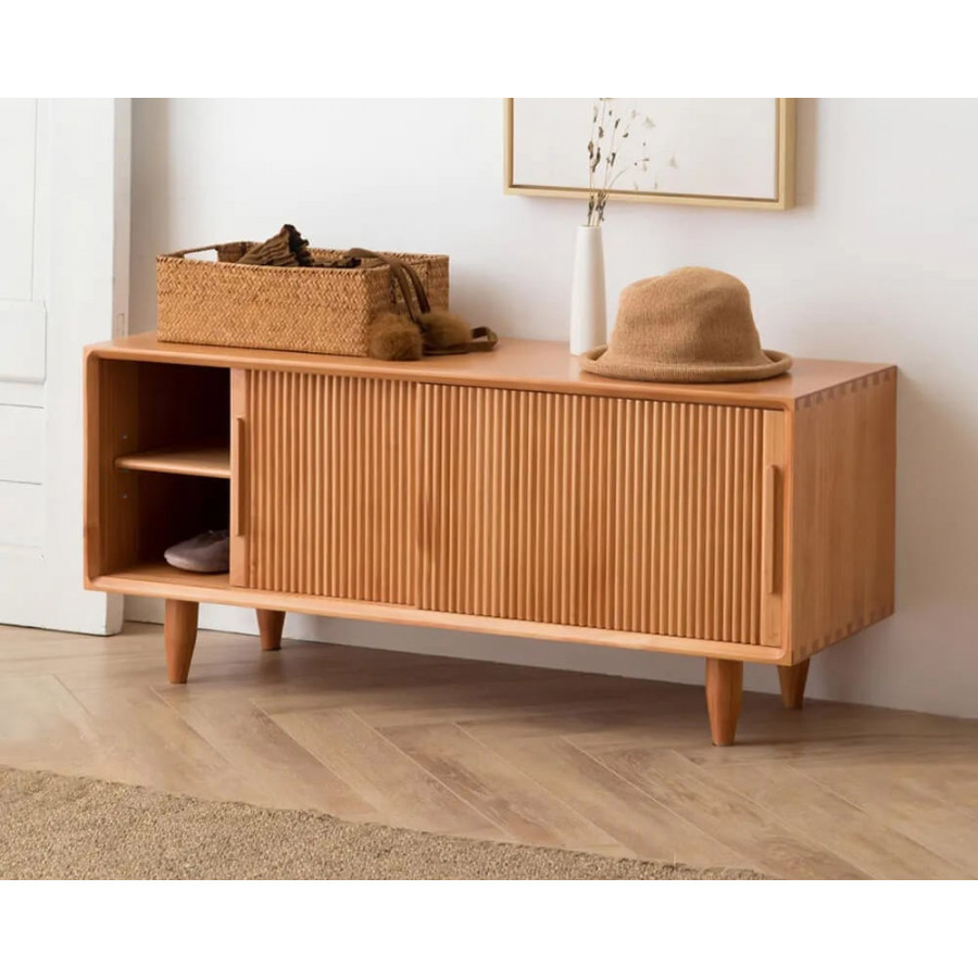 HMR 39.4" Modern Wooden Storage Bench with Storage Sliding Doors Shelf Pine Wood - Natural
