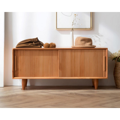 HMR 39.4" Modern Wooden Storage Bench with Storage Sliding Doors Shelf Pine Wood - Natural