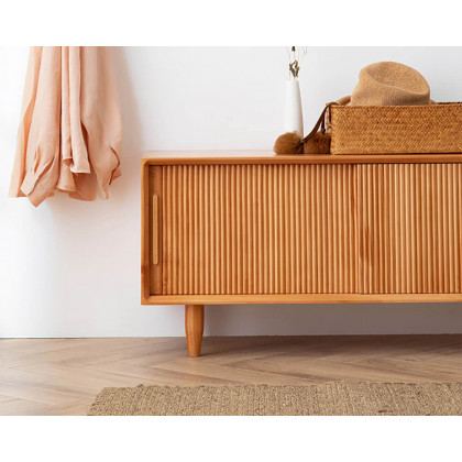 HMR 39.4" Modern Wooden Storage Bench with Storage Sliding Doors Shelf Pine Wood - Natural