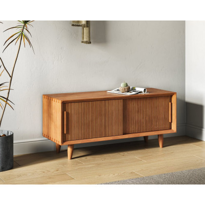 HMR 39.4" Modern Wooden Storage Bench with Storage Sliding Doors Shelf Pine Wood - Natural