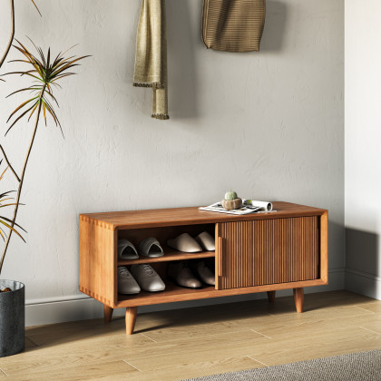 HMR 39.4" Modern Wooden Storage Bench with Storage Sliding Doors Shelf Pine Wood - Natural
