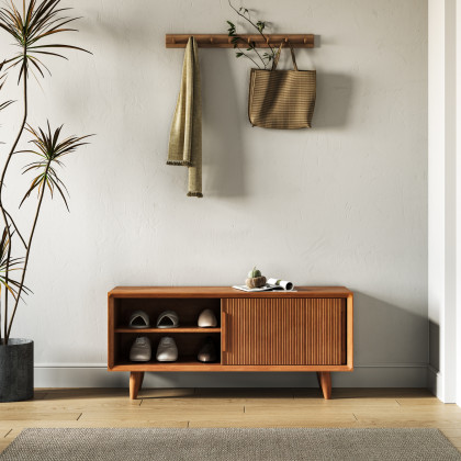 HMR 39.4" Modern Wooden Storage Bench with Storage Sliding Doors Shelf Pine Wood - Natural