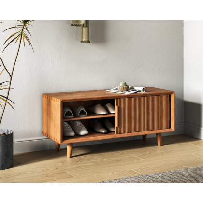 HMR 39.4" Modern Wooden Storage Bench with Storage Sliding Doors Shelf Pine Wood - Natural