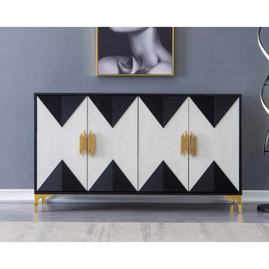 HMR Wovuna Series Sideboard Buffet with 4 Doors & 6 Shelves - White/Black, Large