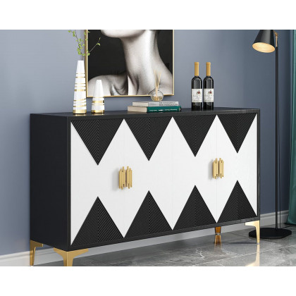 HMR Wovuna Series Sideboard Buffet with 4 Doors & 6 Shelves - White/Black, Large