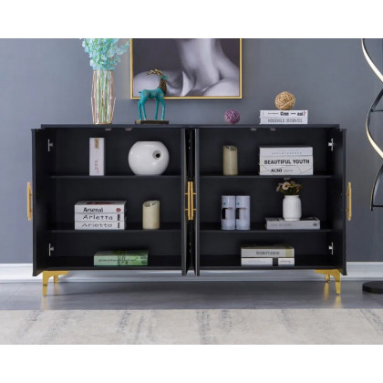 HMR Wovuna Series Sideboard Buffet with 4 Doors & 6 Shelves - White/Black, Large