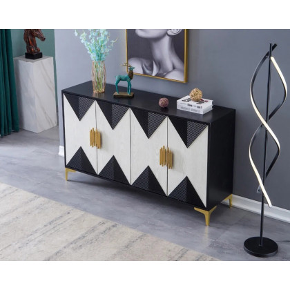 HMR Wovuna Series Sideboard Buffet with 4 Doors & 6 Shelves - White/Black, Large