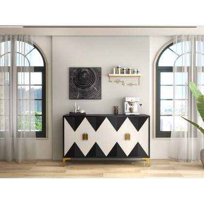 HMR Wovuna Series Sideboard Buffet with 4 Doors & 6 Shelves - White/Black, Large
