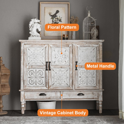 HMR - Farmhouse Cabinet Artistic Surface with 2 Doors 2 Drawers 2 Shelves in Distressed White