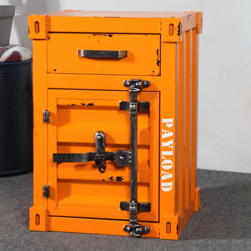 HMR Ctainer Industrial Nightstand Retro Bedside Storage Cabinet with Door & Drawer - Orange