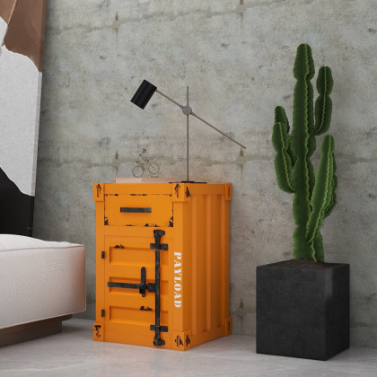 HMR Ctainer Industrial Nightstand Retro Bedside Storage Cabinet with Door & Drawer - Orange