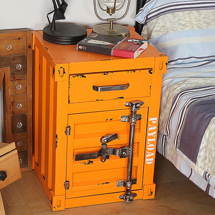 HMR Ctainer Industrial Nightstand Retro Bedside Storage Cabinet with Door & Drawer - Orange