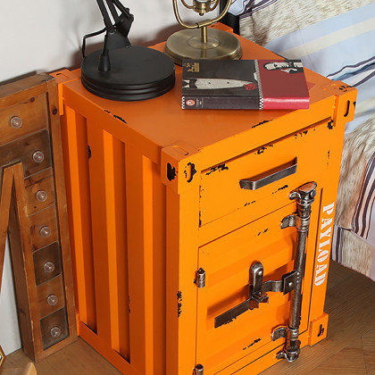 HMR Ctainer Industrial Nightstand Retro Bedside Storage Cabinet with Door & Drawer - Orange