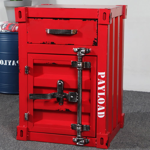 HMR Ctainer Industrial Nightstand Retro Bedside Storage Cabinet with Door & Drawer - Loft Red