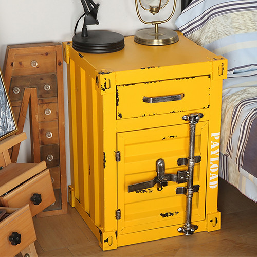 HMR Ctainer Industrial Nightstand Retro Bedside Storage Cabinet with Door & Drawer - Yellow