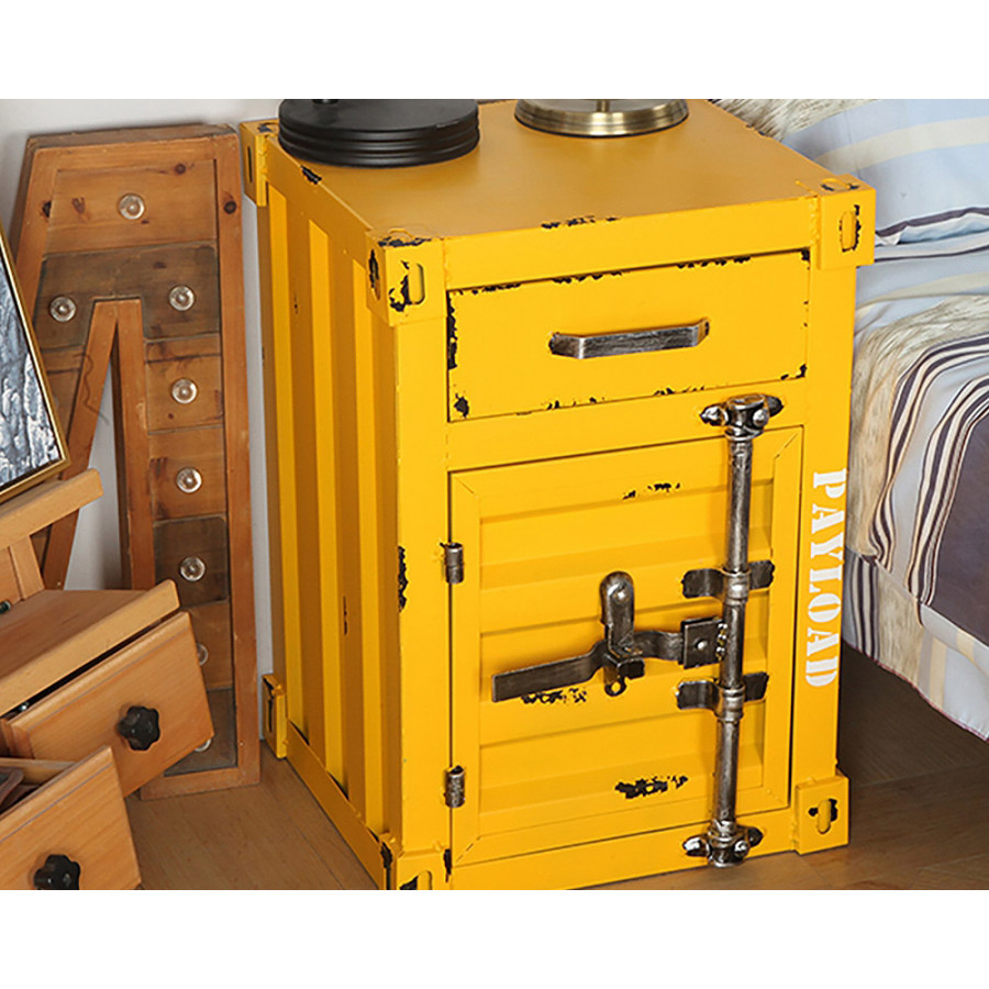 HMR Ctainer Industrial Nightstand Retro Bedside Storage Cabinet with Door & Drawer - Yellow