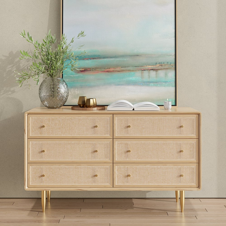HMR - Dresser with 6 Drawers Rattan Woven in 53"W, Natural, Gold