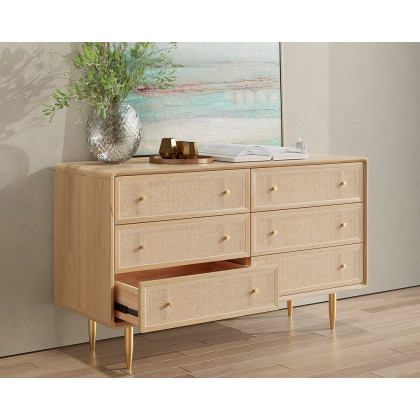 HMR - Dresser with 6 Drawers Rattan Woven in 53"W, Natural, Gold