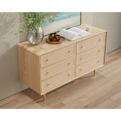 HMR - Dresser with 6 Drawers Rattan Woven in 53"W, Natural, Gold
