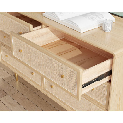 HMR - Dresser with 6 Drawers Rattan Woven in 53"W, Natural, Gold