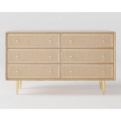 HMR - Dresser with 6 Drawers Rattan Woven in 53"W, Natural, Gold