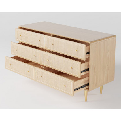 HMR - Dresser with 6 Drawers Rattan Woven in 53"W, Natural, Gold