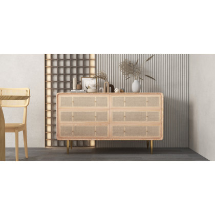 HMR - Dresser with 6 Drawers Rattan Woven in 53"W, Natural, Gold