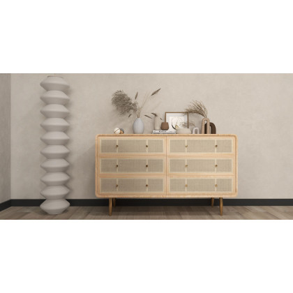 HMR - Dresser with 6 Drawers Rattan Woven in 53"W, Natural, Gold