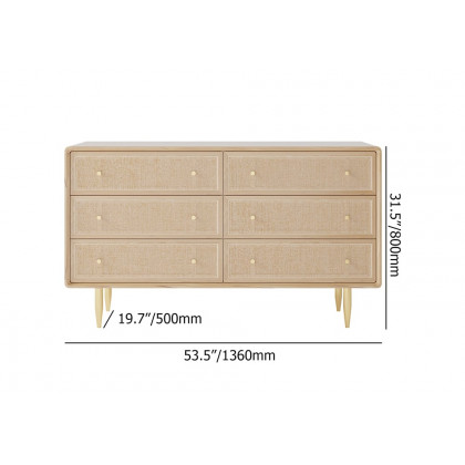 HMR - Dresser with 6 Drawers Rattan Woven in 53"W, Natural, Gold