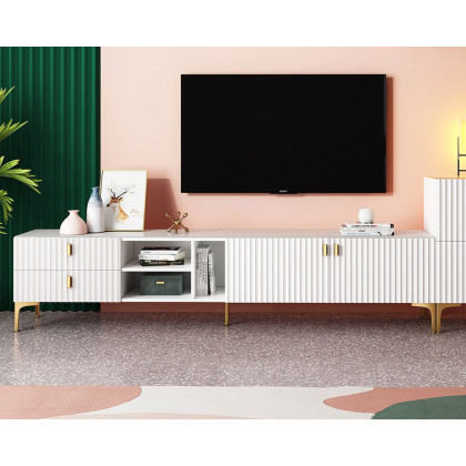 HMR - TV Stand with 3 Shelves, 2 Drawers, 2 Door in White