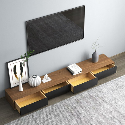 HMR Modern TV Stand Rectangle Media TV Console with Drawers - Black & Walnut, 87"