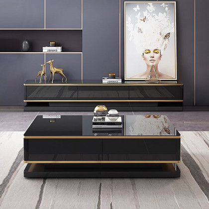 HMR Gapn Series TV Media Console with 3 Drawers - Black, Tempered Glass
