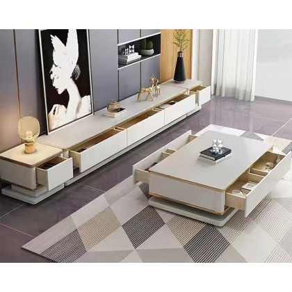 HMR Gapn Series TV Media Console with 3 Drawers - White, Tempered Glass