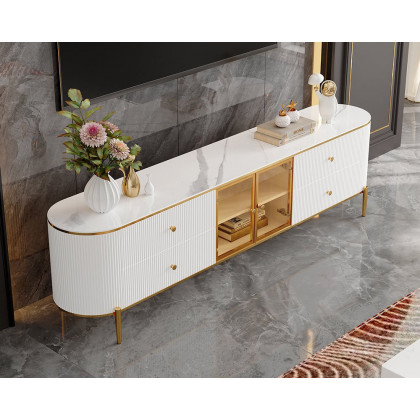 HMR Yelly Series Modern 79" TV Stand with Marble Top & Tempered Glass - White