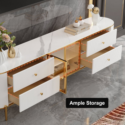 HMR Yelly Series Modern 79" TV Stand with Marble Top & Tempered Glass - White