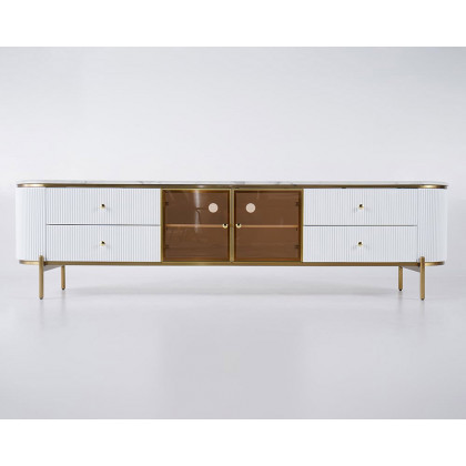 HMR Yelly Series Modern 79" TV Stand with Marble Top & Tempered Glass - White