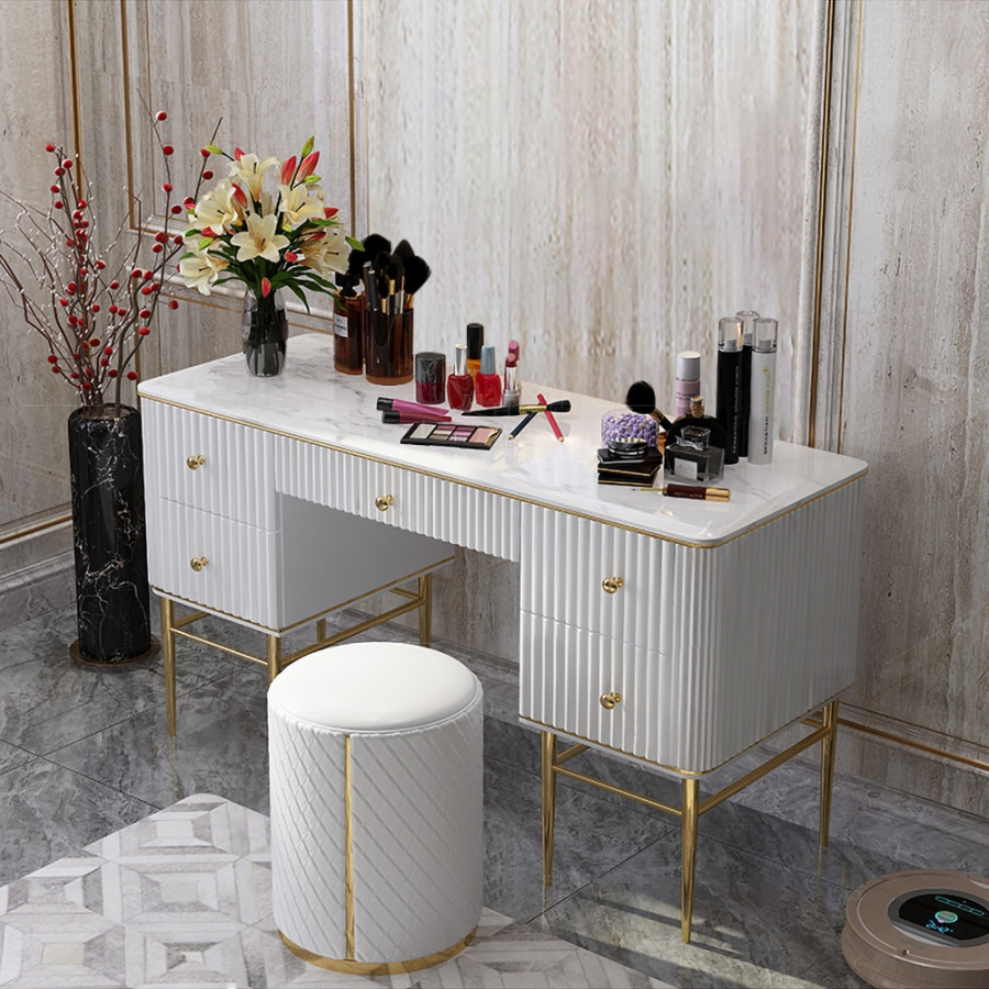 HMR Bline Series Makeup Vanity Table with Drawers - White, Stainless Steel