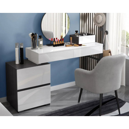 HMR - Glossy Vanity Table with Mirror and Side Cabinet in Black and White