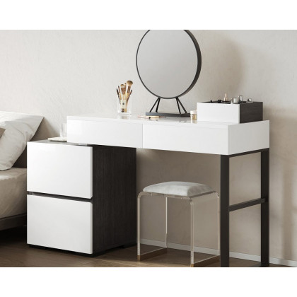 HMR - Glossy Vanity Table with Mirror and Side Cabinet in Black and White