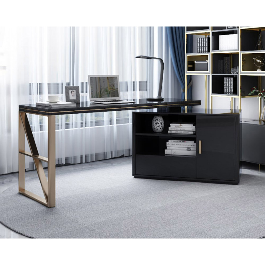 HMR - L-Shaped Computer Desk with Cabinet and Storage in Black