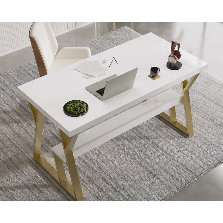 HMR - Computer Office Desk with Drawer and Shelf in White, 55.1"L x 27.6"W