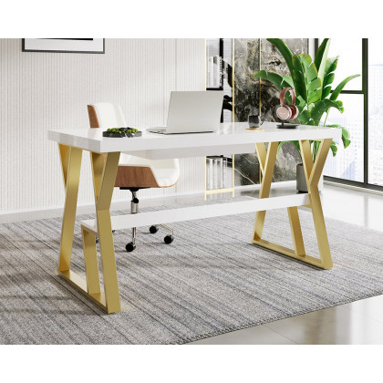 HMR - Computer Office Desk with Drawer and Shelf in White, 55.1"L x 27.6"W