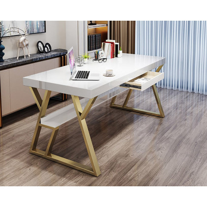 HMR - Computer Office Desk with Drawer and Shelf in White, 55.1"L x 27.6"W