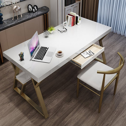 HMR - Computer Office Desk with Drawer and Shelf in White, 55.1"L x 27.6"W