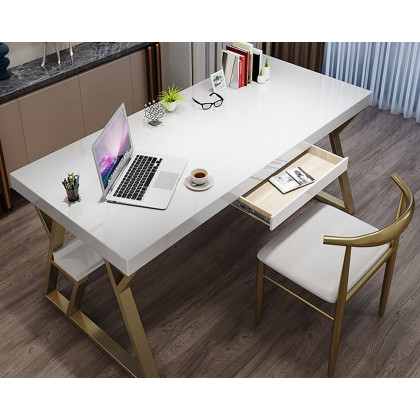 HMR - Computer Office Desk with Drawer and Shelf in White, 55.1"L x 27.6"W